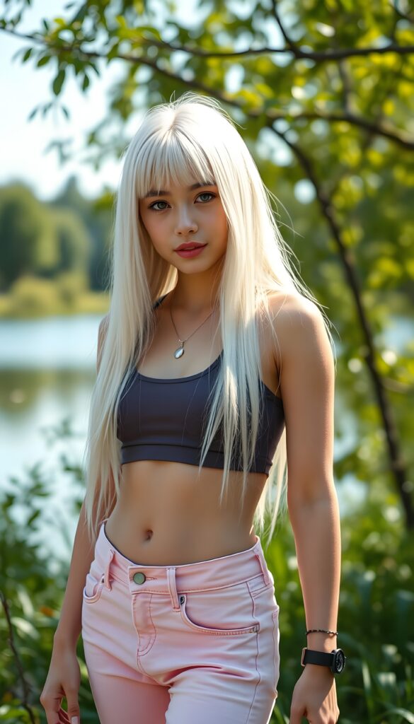 a cute fit young girl in a sunny green backdrop at a lake, long straight full soft platinum white hair falls down to her hip, dressed in a short cropped sport top and pink short jeans pants. You can see her cute belly button. Busty. Deep Neck.