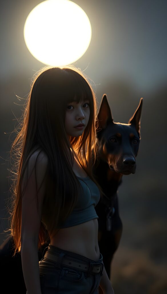 a cute girl in moonlight, long straight full soft brown hair, dressed in a short cropped undershirt and short pants. Next to her is a Doberman protecting her.