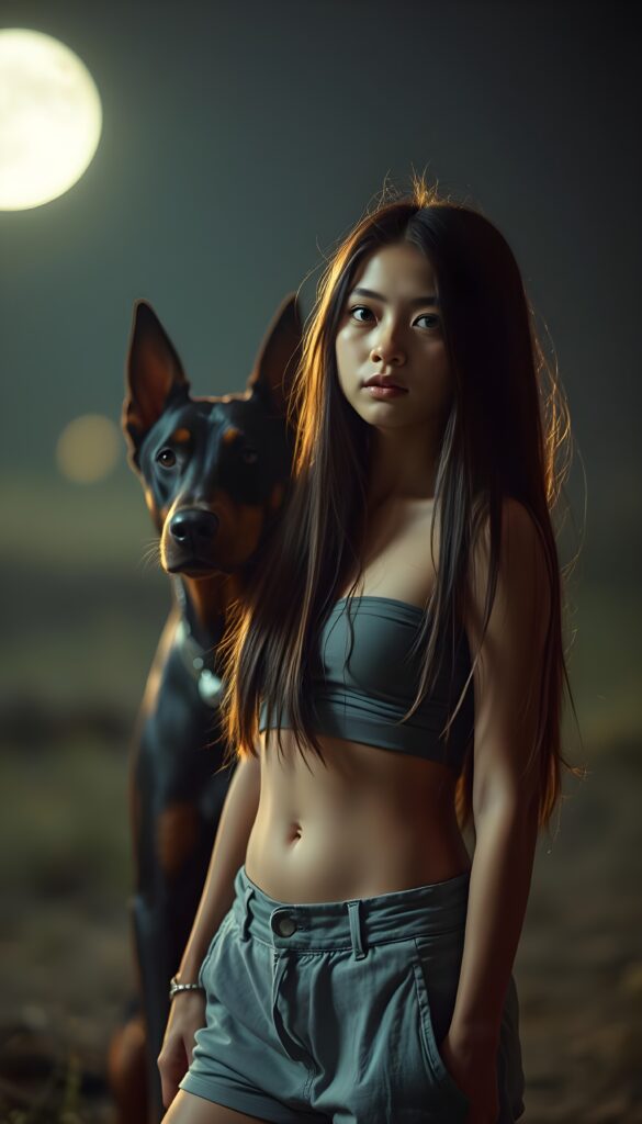 a cute girl in moonlight, long straight full soft brown hair, dressed in a short cropped undershirt and short pants. Next to her is a Doberman protecting her.