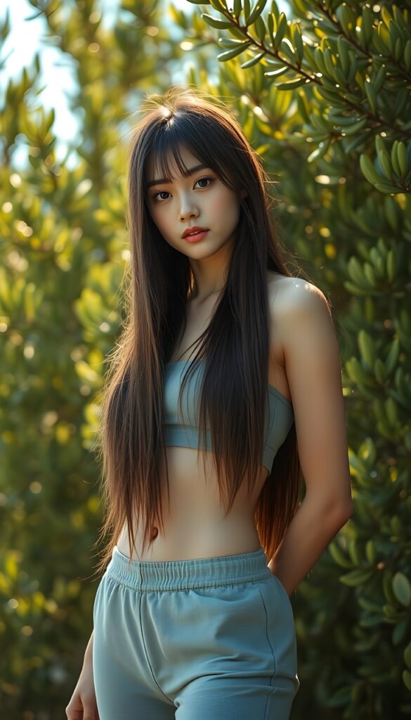 a cute girl in a sunny green backdrop, eucalyptus tree, she has long straight full soft brown hair falls down to her hip, dressed in a short light grey cropped sport top and short pants. You can see her cute belly button. Perfect curved femal figure. In a seductive pose.