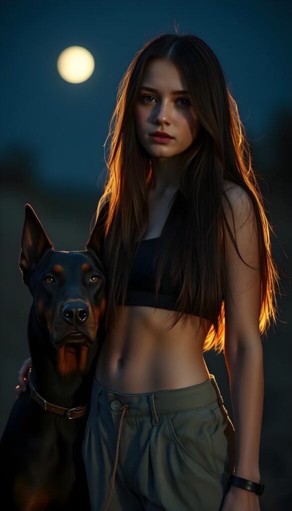 a cute girl in moonlight, long straight full soft brown hair, dressed in a short cropped undershirt and short pants. Next to her is a Doberman protecting her.