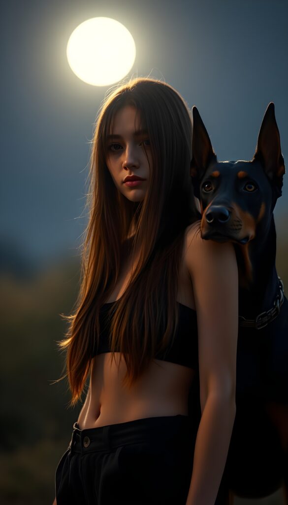 a cute girl in moonlight, long straight full soft brown hair, dressed in a short cropped undershirt and short pants. Next to her is a Doberman protecting her.