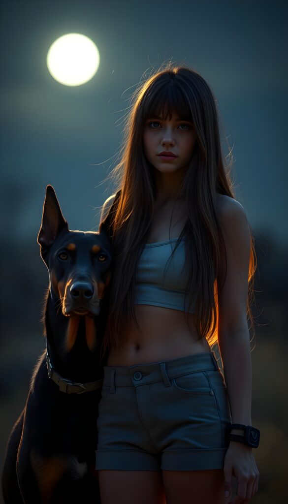 a cute girl in moonlight, long straight full soft brown hair, dressed in a short cropped undershirt and short pants. Next to her is a Doberman protecting her.