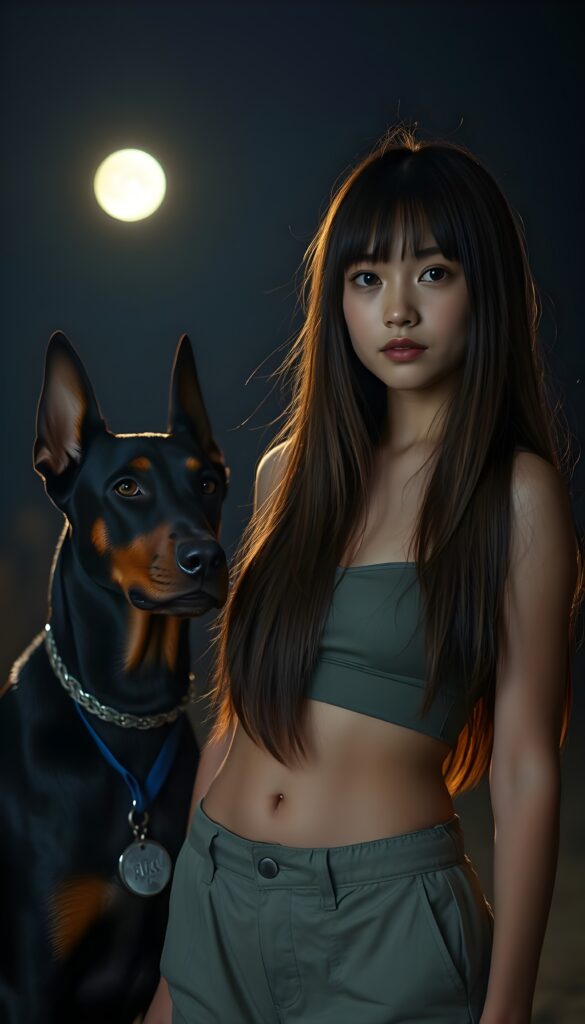 a cute girl in moonlight, long straight full soft brown hair, dressed in a short cropped undershirt and short pants. Next to her is a Doberman protecting her.