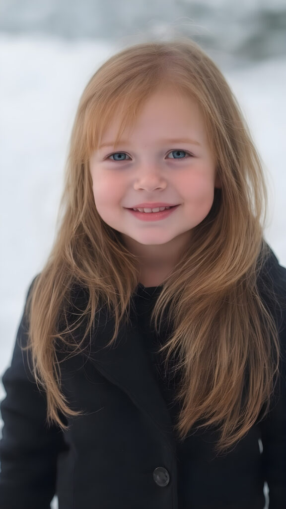 a cute little red-haired girl with freckles. Shoulder-length, straight hair. She is wearing a thick black sweater made of fine wool and is standing in a white, snowy landscape. She is very happy and smiling. She has a chubby face. Perfect upper body shot. Beautiful. Enchanting.