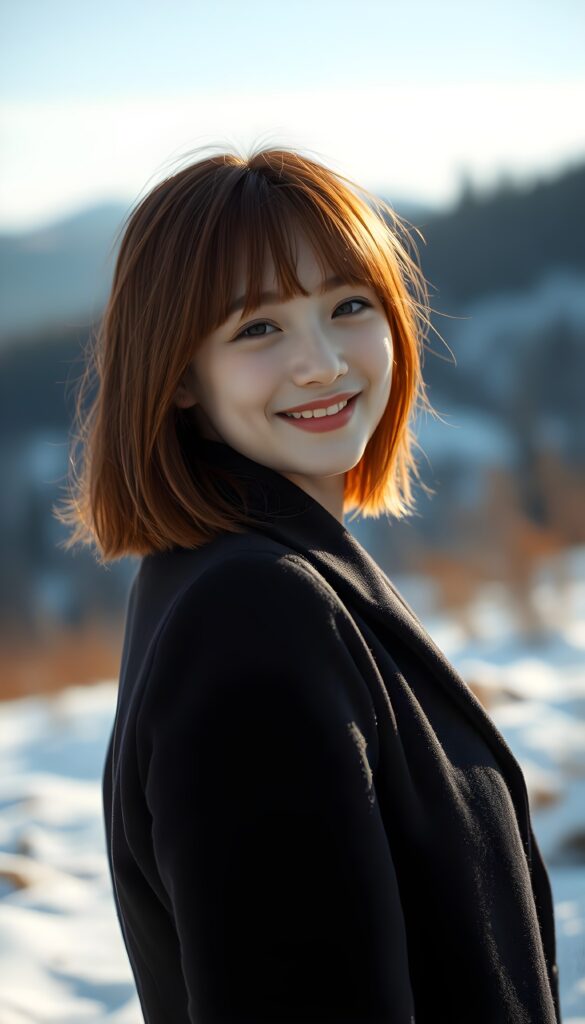 a cute little red-haired woman. Shoulder-length bob cut, straight hair. She is wearing a black coat and is standing alone in an arctic cold sunny landscape. She is very happy and smiling. She has a chubby face. Perfect shot. Beautiful.