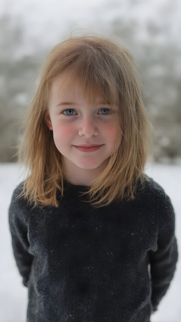 a cute little red-haired girl with freckles. Shoulder-length, straight hair. She is wearing a thick black sweater made of fine wool and is standing in a white, snowy landscape. She is very happy and smiling. She has a chubby face. Perfect upper body shot. Beautiful. Enchanting.