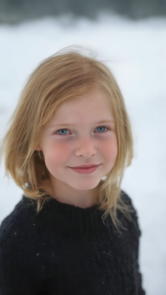 a cute little red-haired girl with freckles. Shoulder-length, straight hair. She is wearing a thick black sweater made of fine wool and is standing in a white, snowy landscape. She is very happy and smiling. She has a chubby face. Perfect upper body shot. Beautiful. Enchanting.
