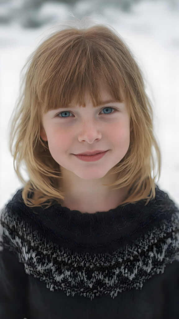 a cute little red-haired girl with freckles. Shoulder-length, straight hair. She is wearing a thick black sweater made of fine wool and is standing in a white, snowy landscape. She is very happy and smiling. She has a chubby face. Perfect upper body shot. Beautiful. Enchanting.