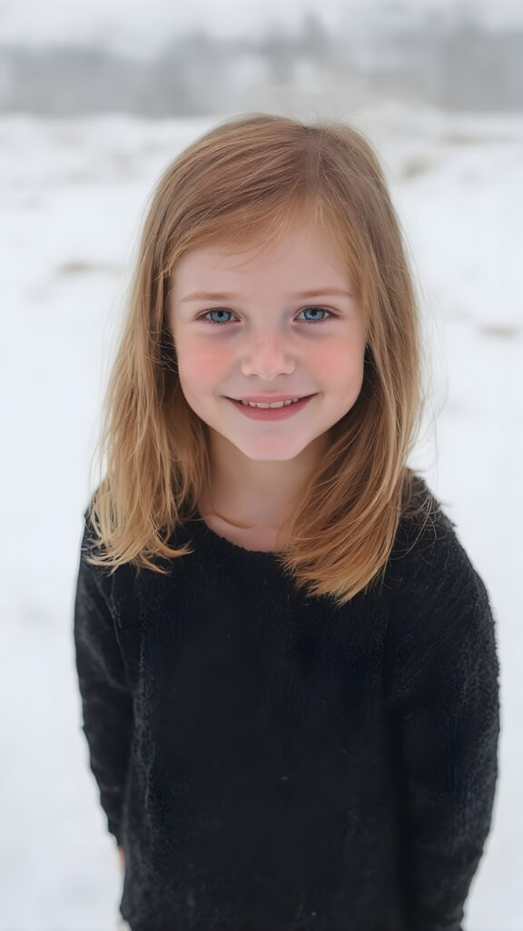 a cute little red-haired girl with freckles. Shoulder-length, straight hair. She is wearing a thick black sweater made of fine wool and is standing in a white, snowy landscape. She is very happy and smiling. She has a chubby face. Perfect upper body shot. Beautiful. Enchanting.