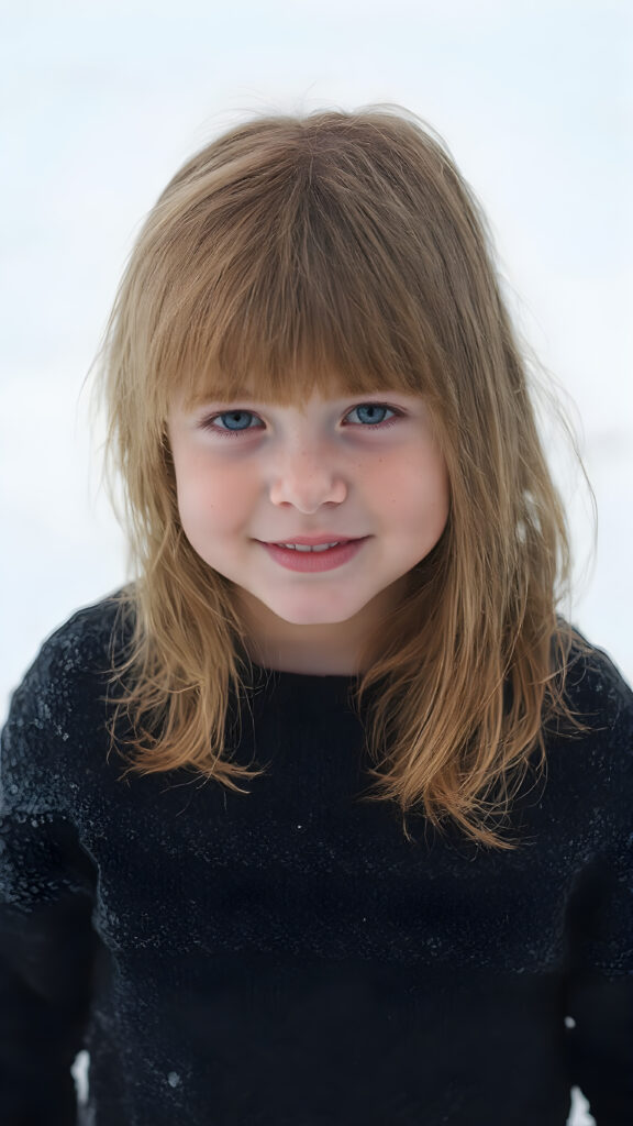 a cute little red-haired girl with freckles. Shoulder-length, straight hair. She is wearing a thick black sweater made of fine wool and is standing in a white, snowy landscape. She is very happy and smiling. She has a chubby face. Perfect upper body shot. Beautiful. Enchanting.