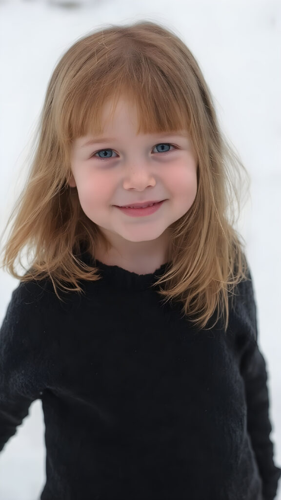a cute little red-haired girl with freckles. Shoulder-length, straight hair. She is wearing a thick black sweater made of fine wool and is standing in a white, snowy landscape. She is very happy and smiling. She has a chubby face. Perfect upper body shot. Beautiful. Enchanting.