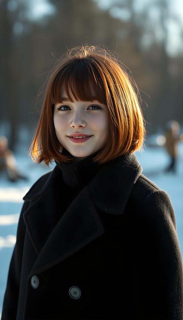 a cute little red-haired woman. Shoulder-length bob cut, straight hair. She is wearing a black coat and is standing alone in an arctic cold sunny landscape. She is very happy and smiling. She has a chubby face. Perfect shot. Beautiful.