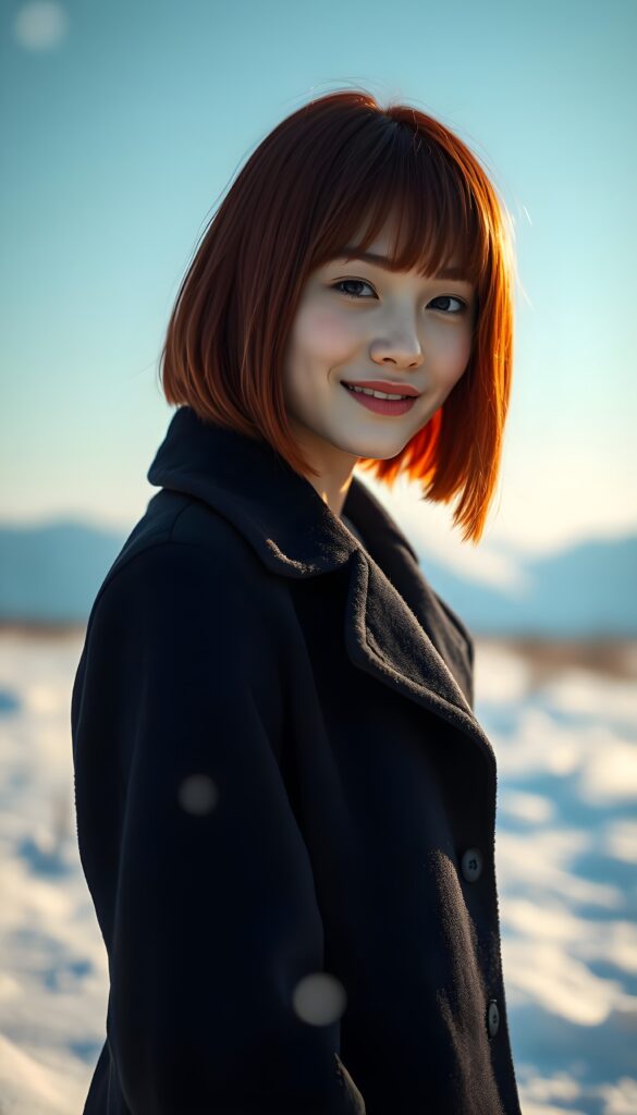 a cute little red-haired woman. Shoulder-length bob cut, straight hair. She is wearing a black coat and is standing alone in an arctic cold sunny landscape. She is very happy and smiling. She has a chubby face. Perfect shot. Beautiful.