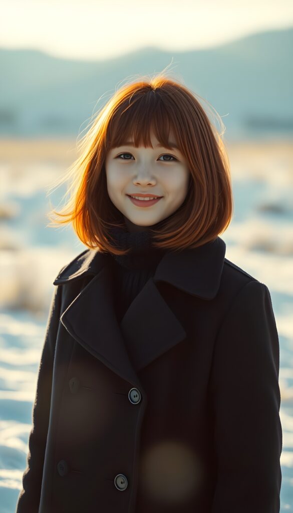 a cute little red-haired woman. Shoulder-length bob cut, straight hair. She is wearing a black coat and is standing alone in an arctic cold sunny landscape. She is very happy and smiling. She has a chubby face. Perfect shot. Beautiful.