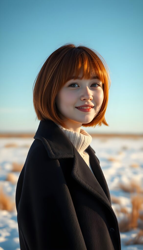 a cute little red-haired woman. Shoulder-length bob cut, straight hair. She is wearing a black coat and is standing alone in an arctic cold sunny landscape. She is very happy and smiling. She has a chubby face. Perfect shot. Beautiful.