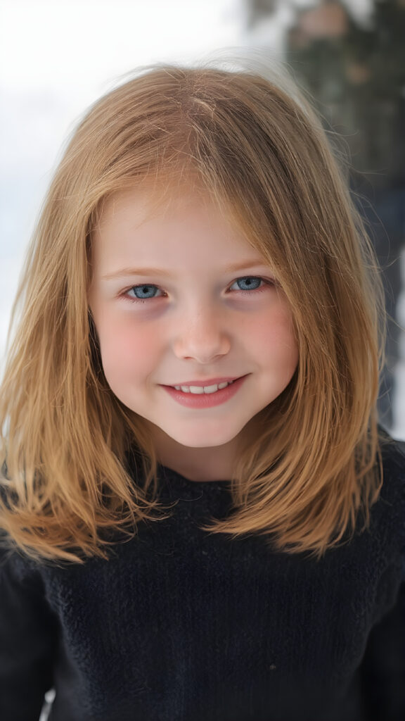 a cute little red-haired girl with freckles. Shoulder-length, straight hair. She is wearing a thick black sweater made of fine wool and is standing in a white, snowy landscape. She is very happy and smiling. She has a chubby face. Perfect upper body shot. Beautiful. Enchanting.