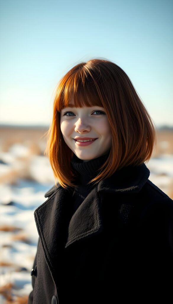 a cute little red-haired woman. Shoulder-length bob cut, straight hair. She is wearing a black coat and is standing alone in an arctic cold sunny landscape. She is very happy and smiling. She has a chubby face. Perfect shot. Beautiful.