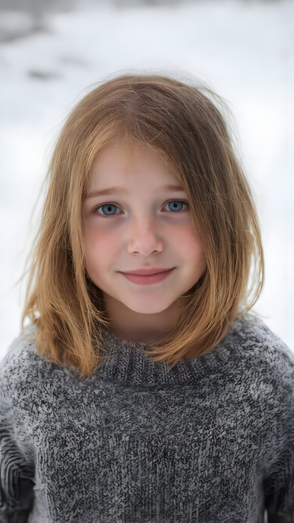 a cute little red-haired girl with freckles. Shoulder-length, straight hair. She is wearing a thick black sweater made of fine wool and is standing in a white, snowy landscape. She is very happy and smiling. She has a chubby face. Perfect upper body shot. Beautiful. Enchanting.