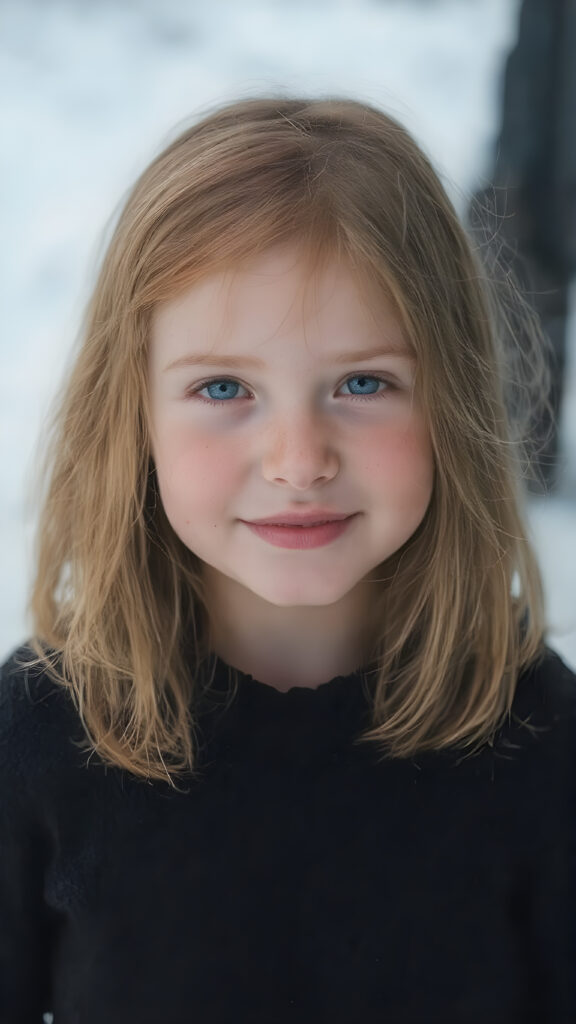a cute little red-haired girl with freckles. Shoulder-length, straight hair. She is wearing a thick black sweater made of fine wool and is standing in a white, snowy landscape. She is very happy and smiling. She has a chubby face. Perfect upper body shot. Beautiful. Enchanting.