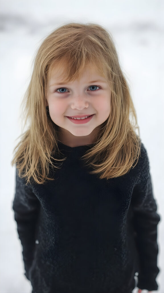 a cute little red-haired girl with freckles. Shoulder-length, straight hair. She is wearing a thick black sweater made of fine wool and is standing in a white, snowy landscape. She is very happy and smiling. She has a chubby face. Perfect upper body shot. Beautiful. Enchanting.