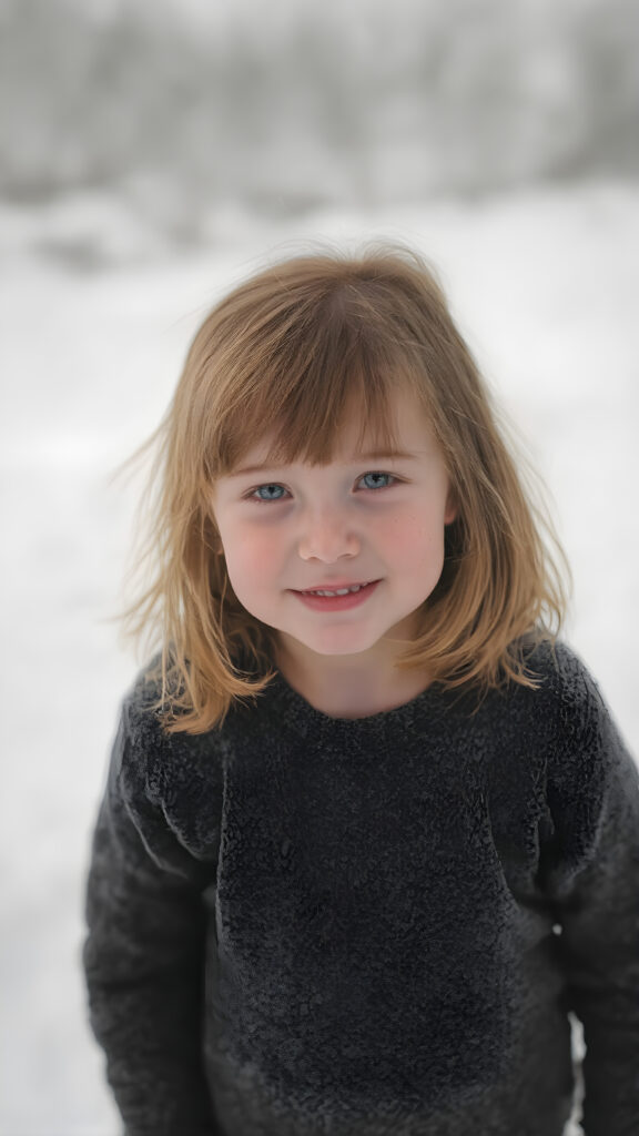 a cute little red-haired girl with freckles. Shoulder-length, straight hair. She is wearing a thick black sweater made of fine wool and is standing in a white, snowy landscape. She is very happy and smiling. She has a chubby face. Perfect upper body shot. Beautiful. Enchanting.