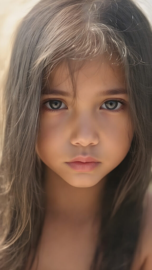 a cute little yorker, with (((long, silky straight black hair))) that flows down to her back, framing a ((softly curved body)), accentuated by a (sun-kissed glow) that gives off an air of innocent beauty. Her ((natural, warm skin)) adds a touch of realism to this image, which evokes a sense of youthful wonder and nostalgia. She's looking into the camera, with her ((cheekbones)) and ((almond skin)) contrasting against the (golden glow) backdrop