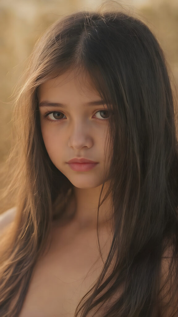 a cute little yorker, with (((long, silky straight black hair))) that flows down to her back, framing a ((softly curved body)), accentuated by a (sun-kissed glow) that gives off an air of innocent beauty. Her ((natural, warm skin)) adds a touch of realism to this image, which evokes a sense of youthful wonder and nostalgia. She's looking into the camera, with her ((cheekbones)) and ((almond skin)) contrasting against the (golden glow) backdrop