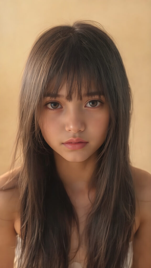 a cute little yorker, with (((long, silky straight black hair))) that flows down to her back, framing a ((softly curved body)), accentuated by a (sun-kissed glow) that gives off an air of innocent beauty. Her ((natural, warm skin)) adds a touch of realism to this image, which evokes a sense of youthful wonder and nostalgia. She's looking into the camera, with her ((cheekbones)) and ((almond skin)) contrasting against the (golden glow) backdrop