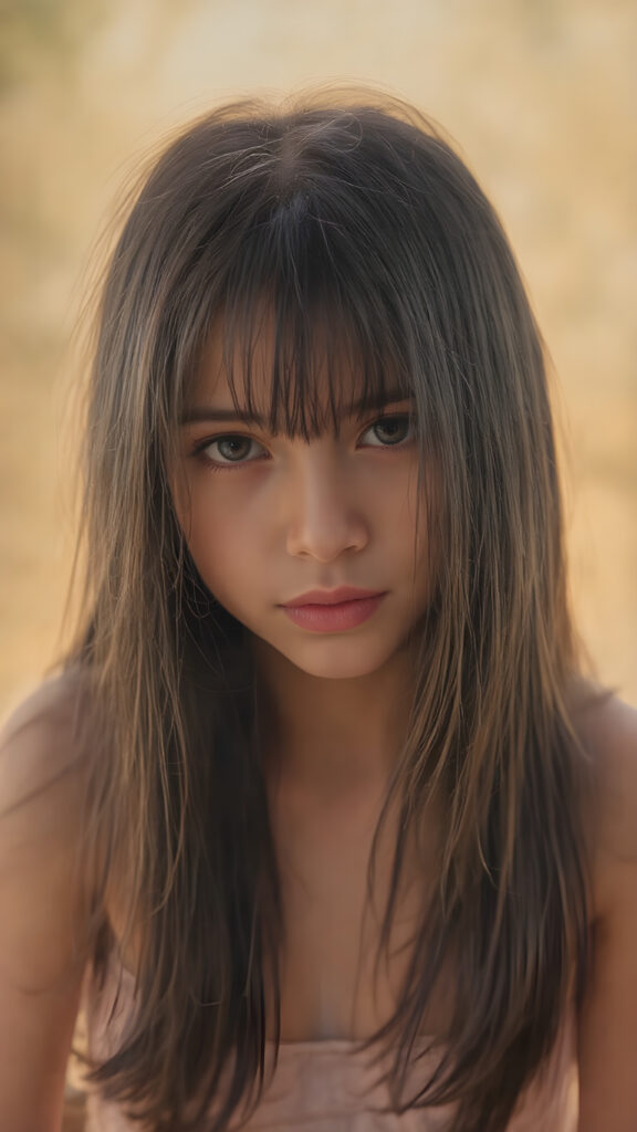 a cute little yorker, with (((long, silky straight black hair))) that flows down to her back, framing a ((softly curved body)), accentuated by a (sun-kissed glow) that gives off an air of innocent beauty. Her ((natural, warm skin)) adds a touch of realism to this image, which evokes a sense of youthful wonder and nostalgia. She's looking into the camera, with her ((cheekbones)) and ((almond skin)) contrasting against the (golden glow) backdrop