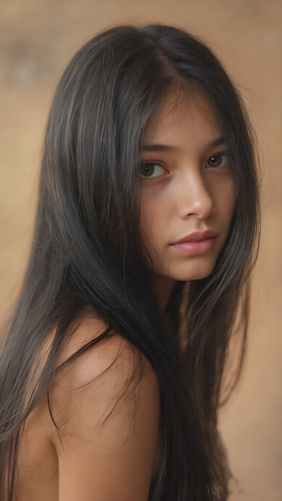 a cute little yorker, with (((long, silky straight black hair))) that flows down to her back, framing a ((softly curved body)), accentuated by a (sun-kissed glow) that gives off an air of innocent beauty. Her ((natural, warm skin)) adds a touch of realism to this image, which evokes a sense of youthful wonder and nostalgia. She's looking into the camera, with her ((cheekbones)) and ((almond skin)) contrasting against the (golden glow) backdrop