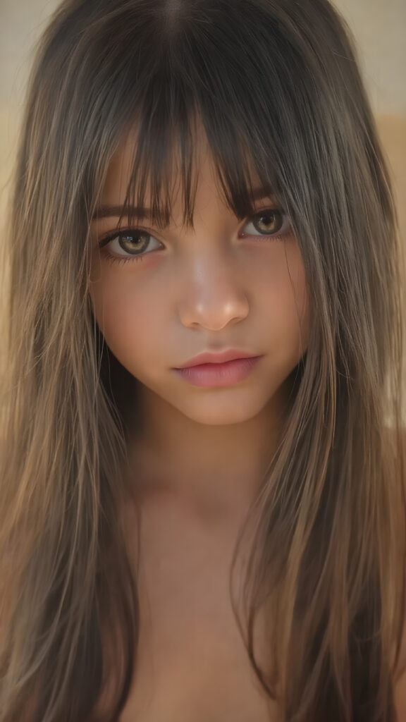 a cute little yorker, with (((long, silky straight black hair))) that flows down to her back, framing a ((softly curved body)), accentuated by a (sun-kissed glow) that gives off an air of innocent beauty. Her ((natural, warm skin)) adds a touch of realism to this image, which evokes a sense of youthful wonder and nostalgia. She's looking into the camera, with her ((cheekbones)) and ((almond skin)) contrasting against the (golden glow) backdrop
