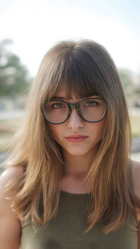 a cute nerd girl with long, brown shoulder-length jet soft flowing hair, wearing a large, dark green prescription glasses. She has bangs that are parted to the side. Her eyes are dark brown. She wears a short form-fitting cropped green tank top that support and emphasizes her perfect body, ((sunny background)) ((gorgeous)) ((stunning)) ((perfect portrait))