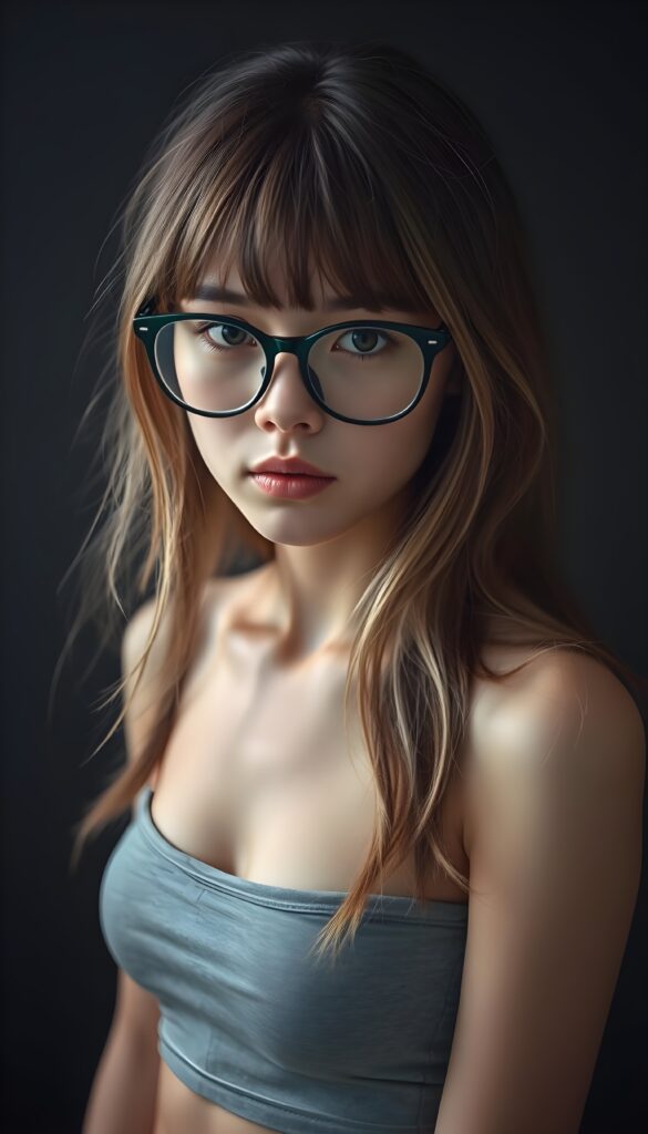 a cute nerd girl with long, brown shoulder-length jet soft flowing hair and blond highlights, wearing a large, dark green prescription glasses. She has bangs that are parted to the side. Her eyes are dark brown. She wears a short form-fitting cropped light grey tank top that support and emphasizes her perfect body, low neck, ((dark background)) ((gorgeous)) ((stunning)) ((perfect portrait)).