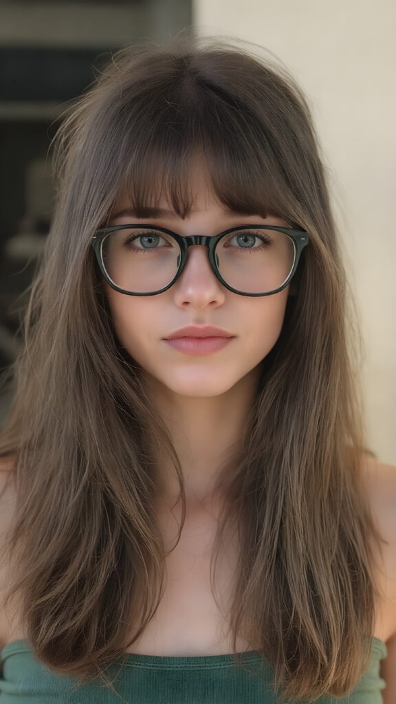 a cute nerd girl with long, brown shoulder-length jet soft flowing hair, wearing a large, dark green prescription glasses. She has bangs that are parted to the side. Her eyes are dark brown. She wears a short form-fitting cropped green tank top that support and emphasizes her perfect body, ((sunny background)) ((gorgeous)) ((stunning)) ((perfect portrait))