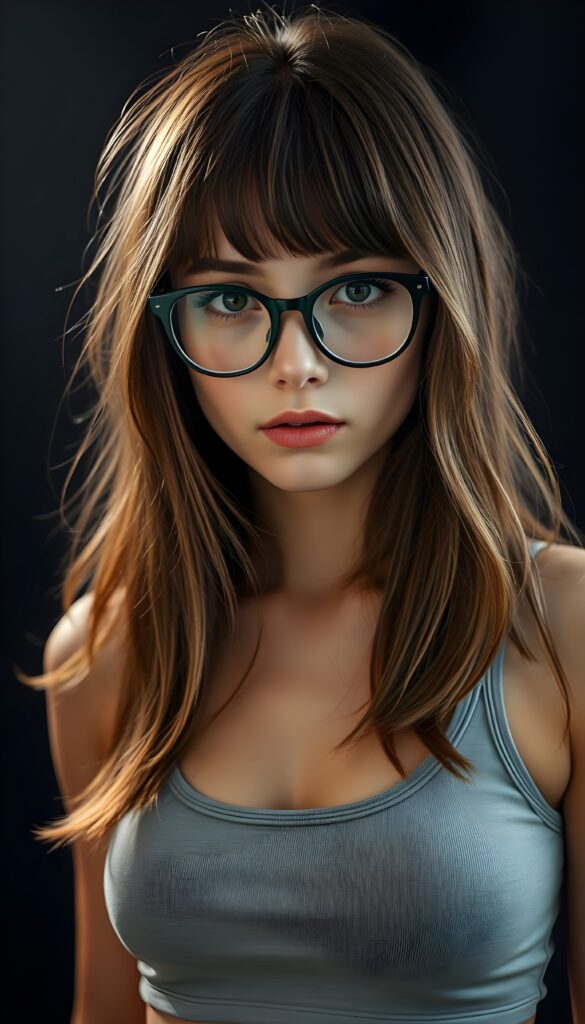 a cute nerd girl with long, brown shoulder-length jet soft flowing hair and blond highlights, wearing a large, dark green prescription glasses. She has bangs that are parted to the side. Her eyes are dark brown. She wears a short form-fitting cropped light grey tank top that support and emphasizes her perfect body, low neck, ((dark background)) ((gorgeous)) ((stunning)) ((perfect portrait)).