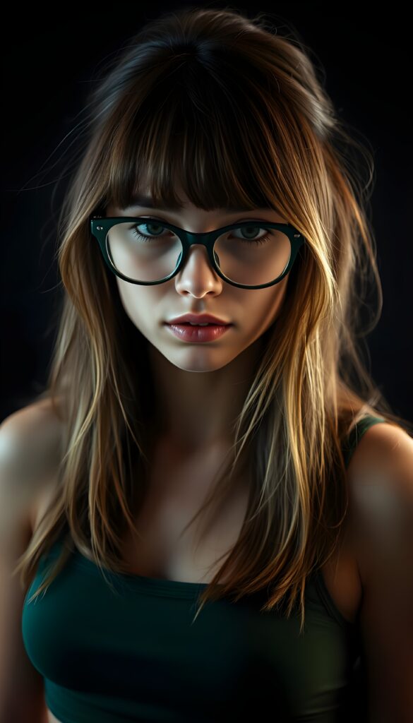 a cute nerd well busty girl with long, brown shoulder-length jet soft flowing hair and blond highlights, wearing a large, dark green prescription glasses. She has bangs that are parted to the side. Her eyes are dark brown. She wears a short form-fitting cropped green tank top that support and emphasizes her perfect body, low neck, ((dark background)) ((gorgeous)) ((stunning)) ((perfect portrait))