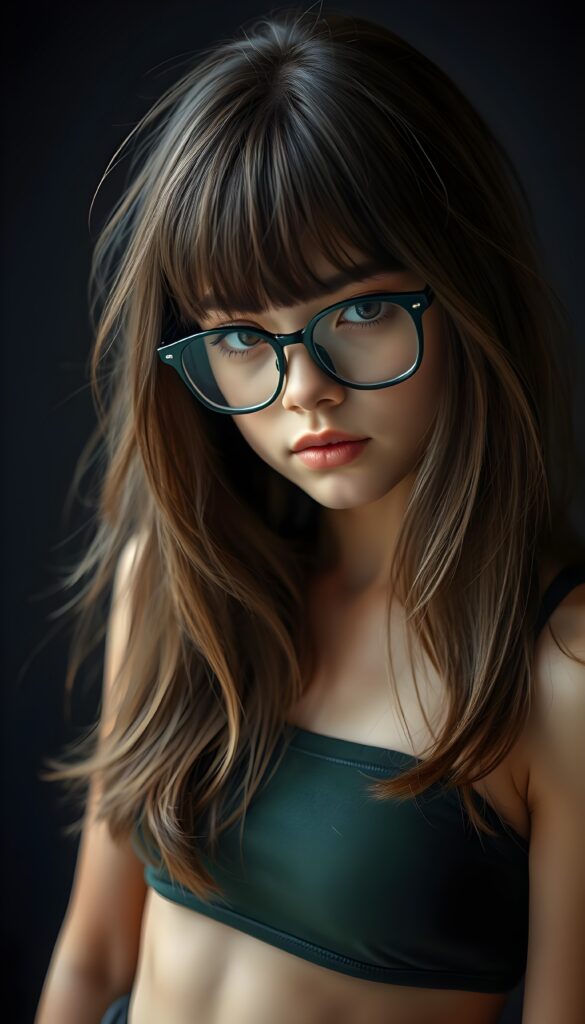 a cute nerd well busty girl with long, brown shoulder-length jet soft flowing hair and blond highlights, wearing a large, dark green prescription glasses. She has bangs that are parted to the side. Her eyes are dark brown. She wears a short form-fitting cropped green tank top that support and emphasizes her perfect body, low neck, ((dark background)) ((gorgeous)) ((stunning)) ((perfect portrait))
