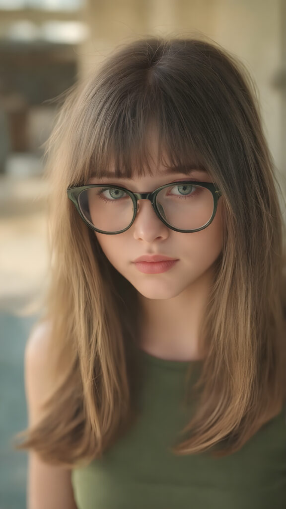 a cute nerd girl with long, brown shoulder-length jet soft flowing hair, wearing a large, dark green prescription glasses. She has bangs that are parted to the side. Her eyes are dark brown. She wears a short form-fitting cropped green tank top that support and emphasizes her perfect body, ((sunny background)) ((gorgeous)) ((stunning)) ((perfect portrait))