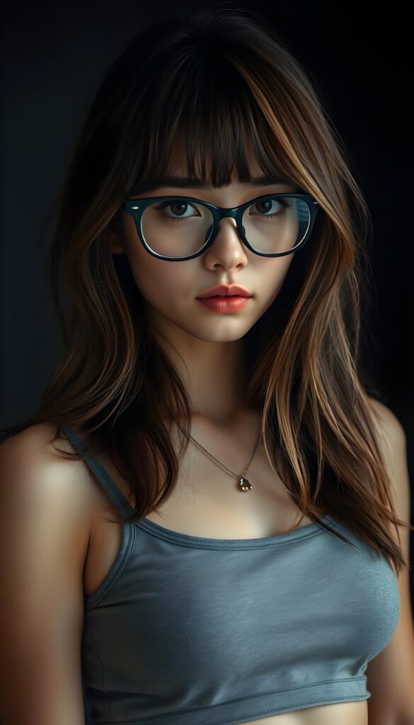 a cute nerd girl with long, brown shoulder-length jet soft flowing hair and blond highlights, wearing a large, dark green prescription glasses. She has bangs that are parted to the side. Her eyes are dark brown. She wears a short form-fitting cropped light grey tank top that support and emphasizes her perfect body, low neck, ((dark background)) ((gorgeous)) ((stunning)) ((perfect portrait)).