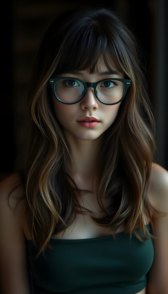 a cute nerd well busty girl with long, brown shoulder-length jet soft flowing hair and blond highlights, wearing a large, dark green prescription glasses. She has bangs that are parted to the side. Her eyes are dark brown. She wears a short form-fitting cropped green tank top that support and emphasizes her perfect body, low neck, ((dark background)) ((gorgeous)) ((stunning)) ((perfect portrait))