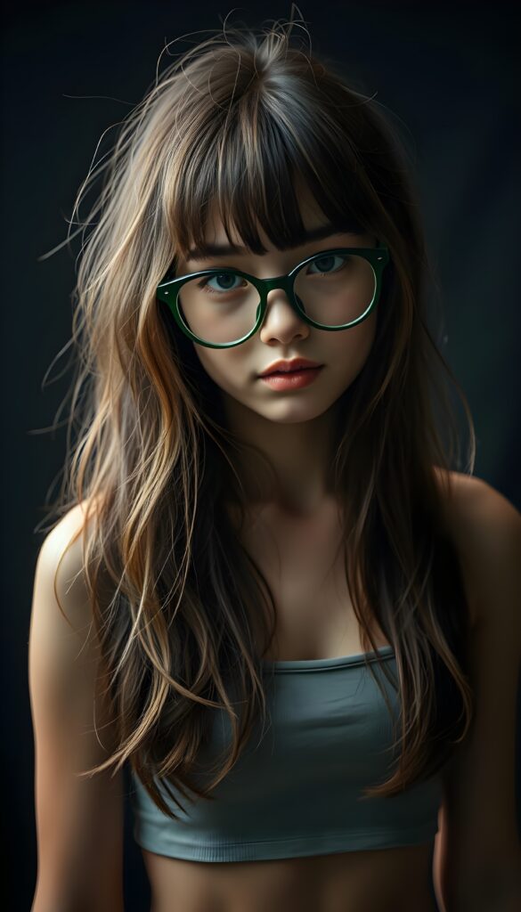a cute nerd girl with long, brown shoulder-length jet soft flowing hair and blond highlights, wearing a large, dark green prescription glasses. She has bangs that are parted to the side. Her eyes are dark brown. She wears a short form-fitting cropped light grey tank top that support and emphasizes her perfect body, low neck, ((dark background)) ((gorgeous)) ((stunning)) ((perfect portrait)).