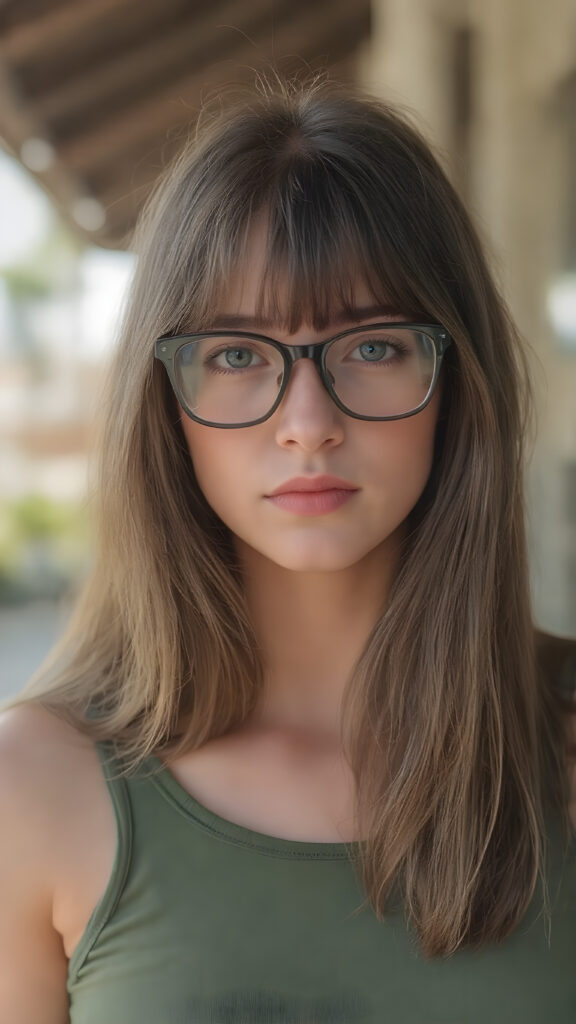 a cute nerd girl with long, brown shoulder-length jet soft flowing hair, wearing a large, dark green prescription glasses. She has bangs that are parted to the side. Her eyes are dark brown. She wears a short form-fitting cropped green tank top that support and emphasizes her perfect body, ((sunny background)) ((gorgeous)) ((stunning)) ((perfect portrait))