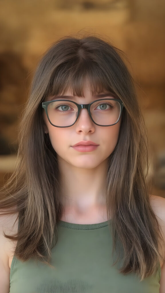 a cute nerd girl with long, brown shoulder-length jet soft flowing hair, wearing a large, dark green prescription glasses. She has bangs that are parted to the side. Her eyes are dark brown. She wears a short form-fitting cropped green tank top that support and emphasizes her perfect body, ((sunny background)) ((gorgeous)) ((stunning)) ((perfect portrait))