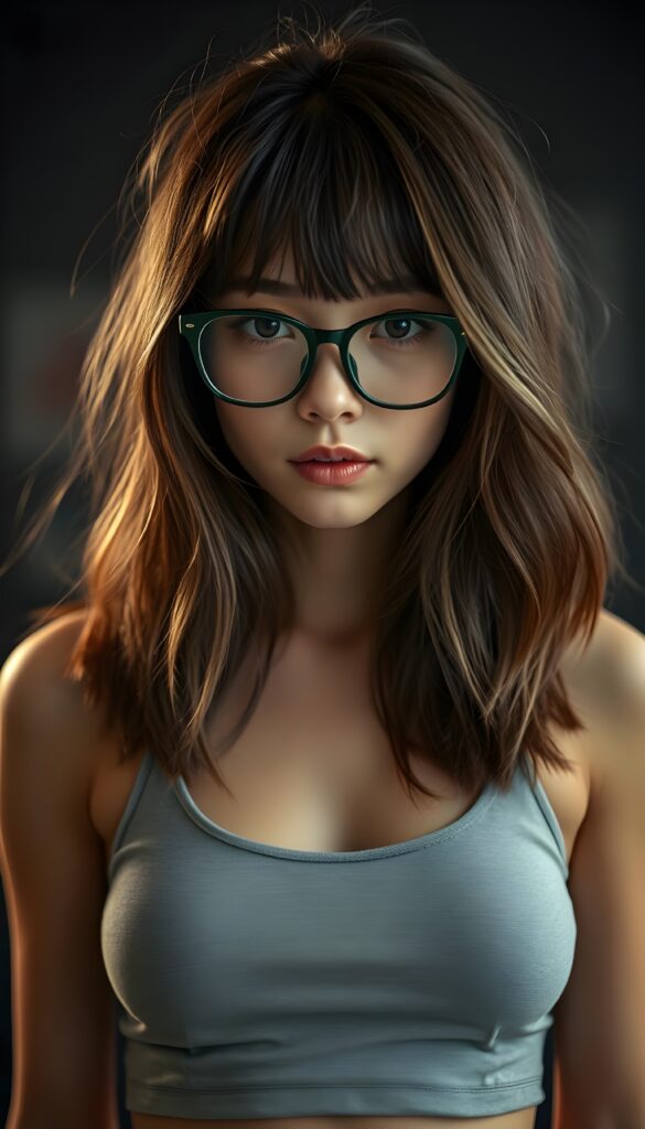 a cute nerd girl with long, brown shoulder-length jet soft flowing hair and blond highlights, wearing a large, dark green prescription glasses. She has bangs that are parted to the side. Her eyes are dark brown. She wears a short form-fitting cropped light grey tank top that support and emphasizes her perfect body, low neck, ((dark background)) ((gorgeous)) ((stunning)) ((perfect portrait)).