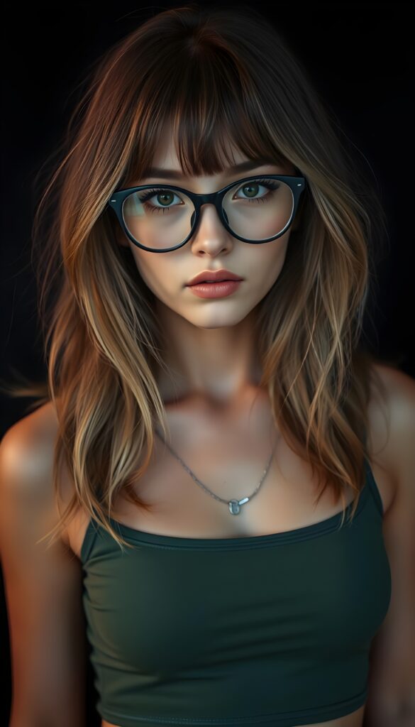 a cute nerd well busty girl with long, brown shoulder-length jet soft flowing hair and blond highlights, wearing a large, dark green prescription glasses. She has bangs that are parted to the side. Her eyes are dark brown. She wears a short form-fitting cropped green tank top that support and emphasizes her perfect body, low neck, ((dark background)) ((gorgeous)) ((stunning)) ((perfect portrait))