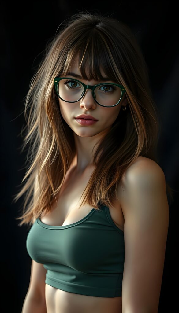 a cute nerd well busty girl with long, brown shoulder-length jet soft flowing hair and blond highlights, wearing a large, dark green prescription glasses. She has bangs that are parted to the side. Her eyes are dark brown. She wears a short form-fitting cropped green tank top that support and emphasizes her perfect body, low neck, ((dark background)) ((gorgeous)) ((stunning)) ((perfect portrait))