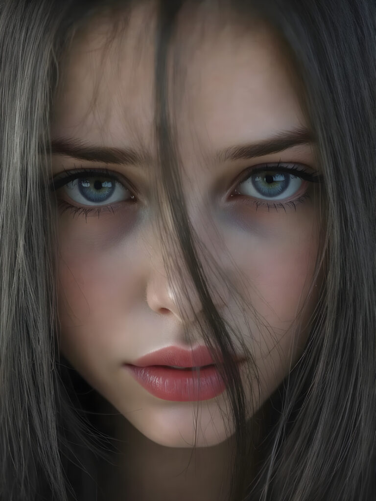 a cute, ((photo realistic)), ((realistic)), (((teen girl))), ((very long, straight jet black hair)), ((melancholic sad eyes)), ((depressed)), ((bummed out)), ((disappointed)), ((large cute determined red lips)), ((darkblue eyes)), ((black eyeshadows)), (((black eyelids))), ((thick black brows)), (((gothic make-up))), ((detailed face)), ((realistic face)), ((matching faces)), ((perfect teeth)), ((looking into the camera))