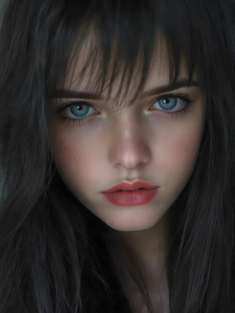 a cute, ((photo realistic)), ((realistic)), (((teen girl))), ((very long, straight jet black hair)), ((melancholic sad eyes)), ((depressed)), ((bummed out)), ((disappointed)), ((large cute determined red lips)), ((darkblue eyes)), ((black eyeshadows)), (((black eyelids))), ((thick black brows)), (((gothic make-up))), ((detailed face)), ((realistic face)), ((matching faces)), ((perfect teeth)), ((looking into the camera))