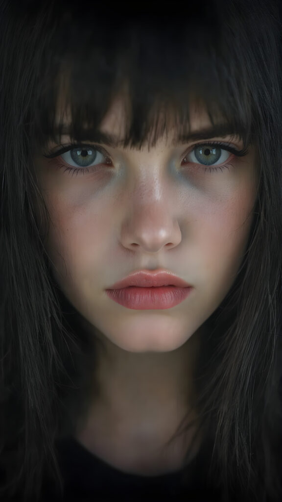 a cute, ((photo realistic)), ((innocent teen Emo girl)), ((long, straight jet black hair, bangs)), ((melancholic sad eyes)), ((depressed)), ((bummed out)), ((disappointed)), ((large cute determined red lips)), ((dark blue eyes)), ((black eye shadows)), (((black eyelids))), ((thick black brows)), (((gothic make-up))), ((detailed face)), ((realistic face)), ((matching faces)), ((perfect teeth)), ((looking into the camera))